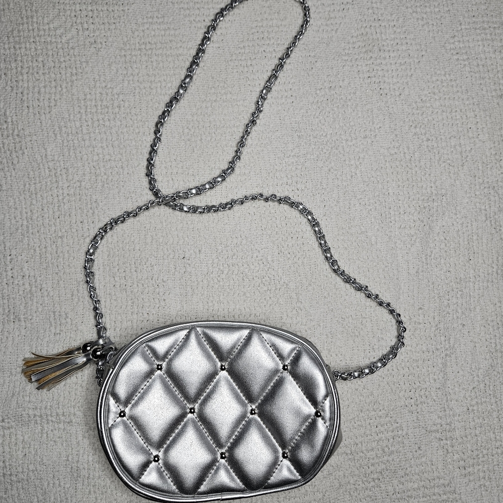 Quilted Crossbody Bag Chain Strap Silver Bag